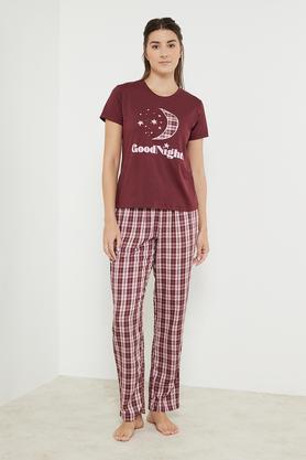 printed cotton knit women's top & pyjama set - wine