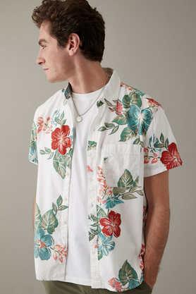 printed cotton-linen blend regular fit men's casual shirt - white