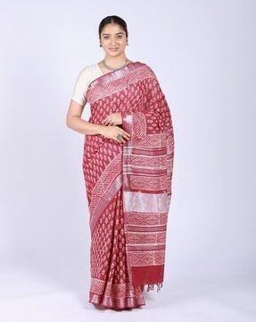 printed cotton linen saree with zari border