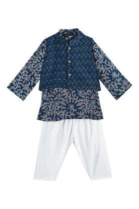 printed cotton mandarin boys kurta pyjama jacket set - blue