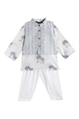 printed cotton mandarin boys kurta pyjama jacket set - white
