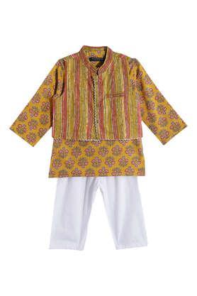 printed cotton mandarin boys kurta pyjama jacket set - yellow