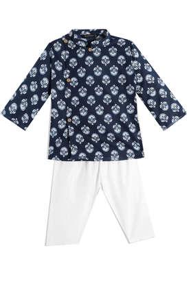 printed cotton mandarin boys kurta pyjama set - blue