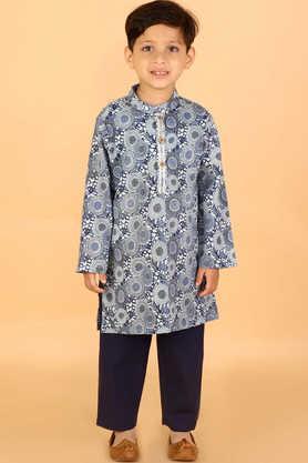 printed cotton mandarin boys kurta pyjama set - blue