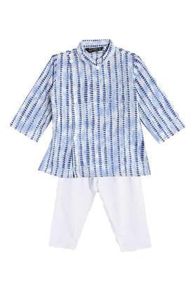 printed cotton mandarin boys kurta pyjama set - blue