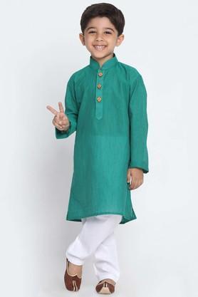 printed cotton mandarin boys kurta pyjama set - green