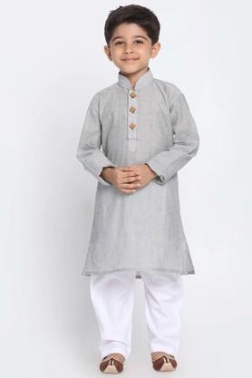 printed cotton mandarin boys kurta pyjama set - grey