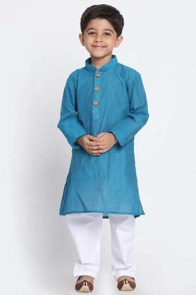 printed cotton mandarin boys kurta pyjama set - light blue