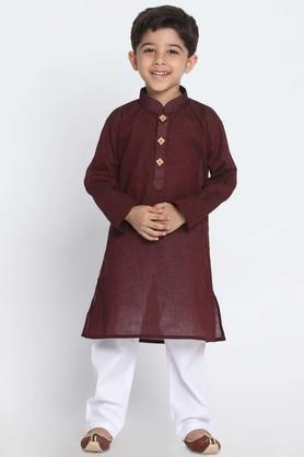 printed cotton mandarin boys kurta pyjama set - maroon