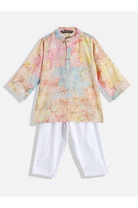 printed cotton mandarin boys kurta pyjama set - multi