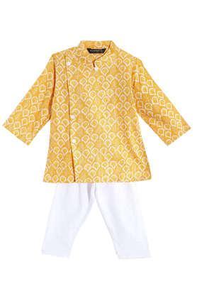 printed cotton mandarin boys kurta pyjama set - yellow