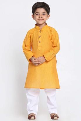 printed cotton mandarin boys kurta pyjama set - yellow