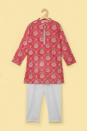 printed cotton mandarin collar boy's kurta pyjama set - fuschia
