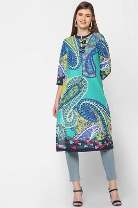 printed cotton mandarin collar women's kurta - green