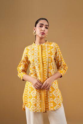 printed cotton mandarin collar women's tunic - yellow