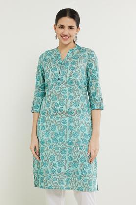 printed cotton mandarin women's casual wear kurta - aqua