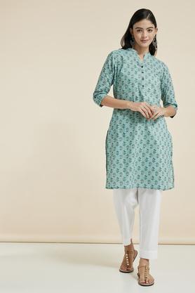 printed cotton mandarin women's casual wear kurta - olive green