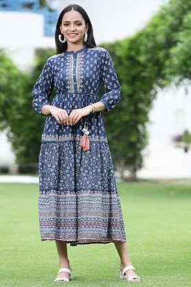 printed cotton mandarin women's ethnic dress - indigo