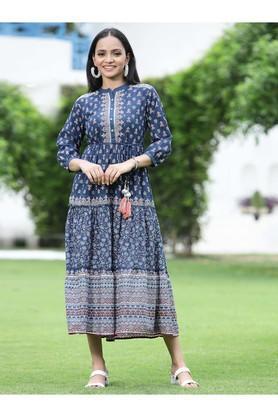 printed cotton mandarin women's ethnic dress - indigo