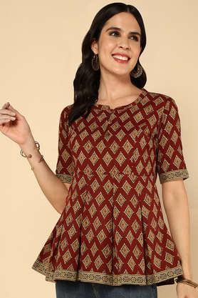 printed cotton mandarin women's festive wear kurti - red