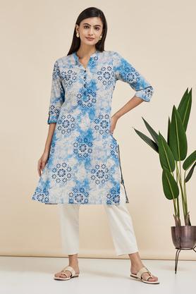 printed cotton mandarin women's knee length kurta - blue