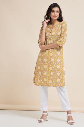 printed cotton mandarin women's knee length kurta - mustard