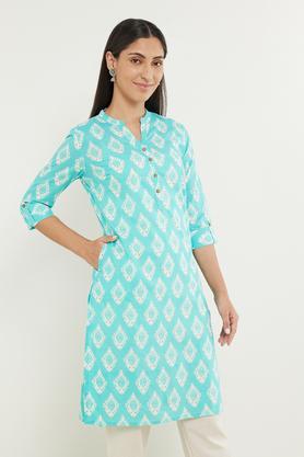 printed cotton mandarin women's kurta - aqua