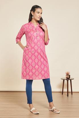 printed cotton mandarin women's kurta - fuschia