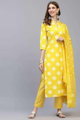 printed cotton mandarin women's kurta pant dupatta set - mustard