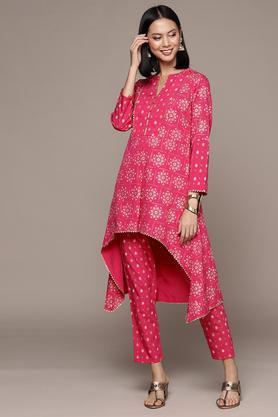 printed cotton mandarin women's kurta pant set - pink