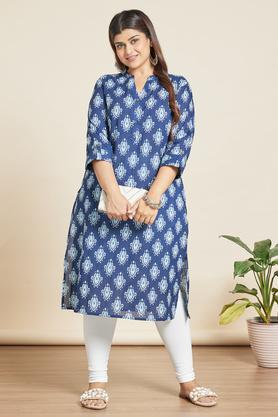 printed cotton mandarin women's kurtas - indigo