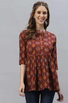 printed cotton mandarin women's top - brown