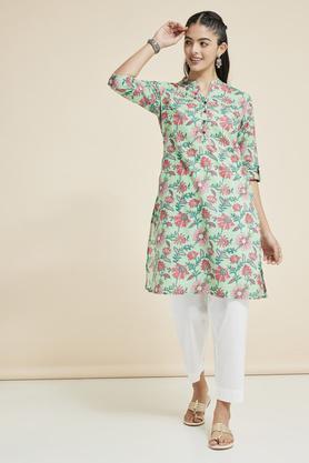 printed cotton mandarin womens casual wear kurta - green