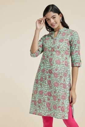 printed cotton mandarin womens casual wear kurta - light green