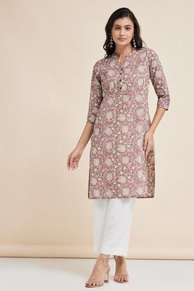 printed cotton mandarin womens knee length kurta - brown