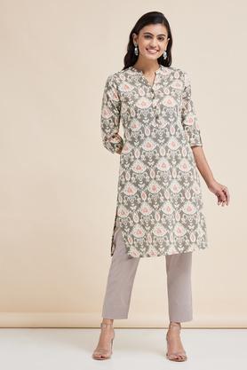 printed cotton mandarin womens knee length kurta - natural