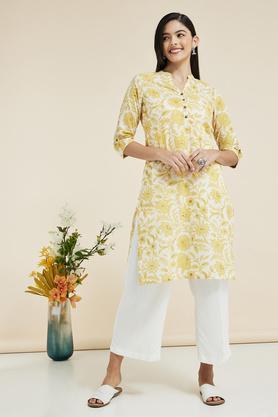 printed cotton mandarin womens knee length kurta - off white