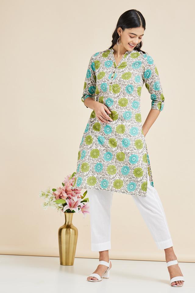 printed cotton mandarin womens knee length kurta - off white