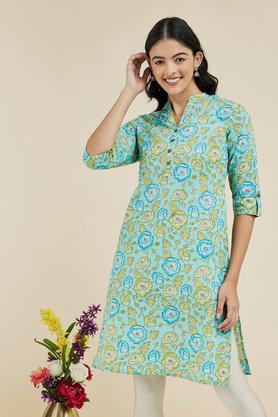 printed cotton mandarin womens knee length kurta - turquoise