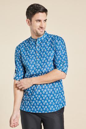 printed cotton mens casual wear kurta - blue