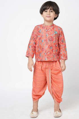 printed cotton mid thigh boys kurta dhoti set - orange