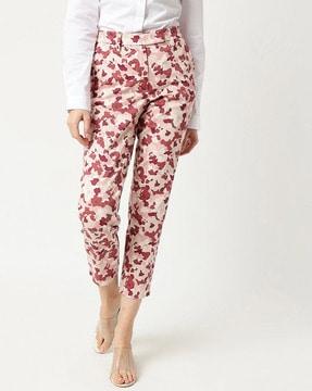 printed cotton mix slim fit trousers