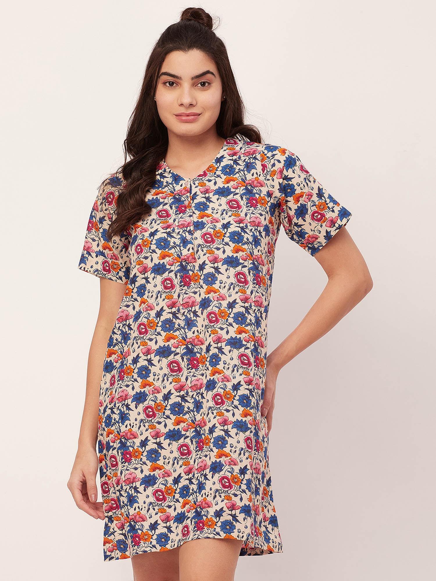 printed cotton night dress for women - multi-color