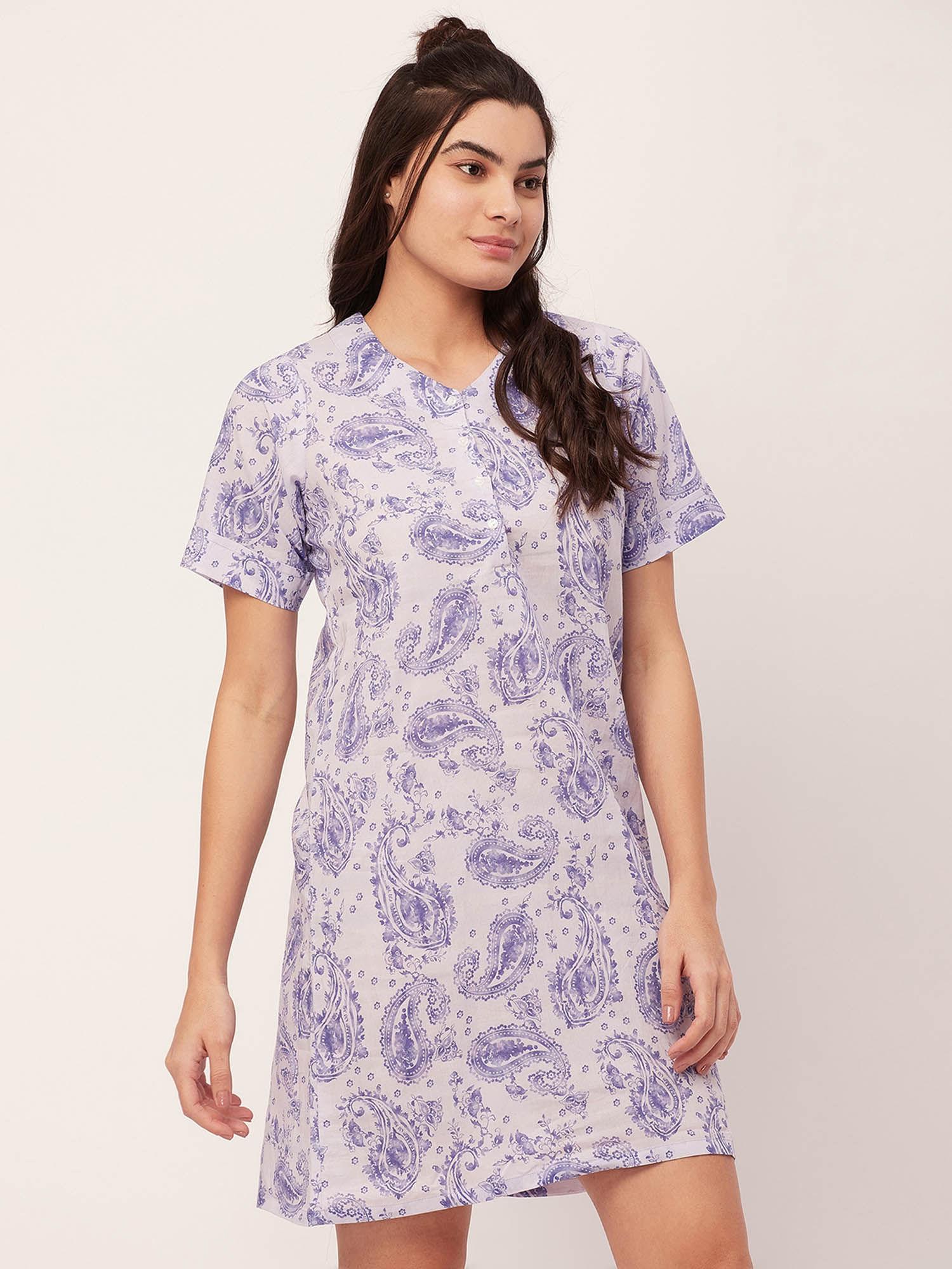 printed cotton night dress for women - off white