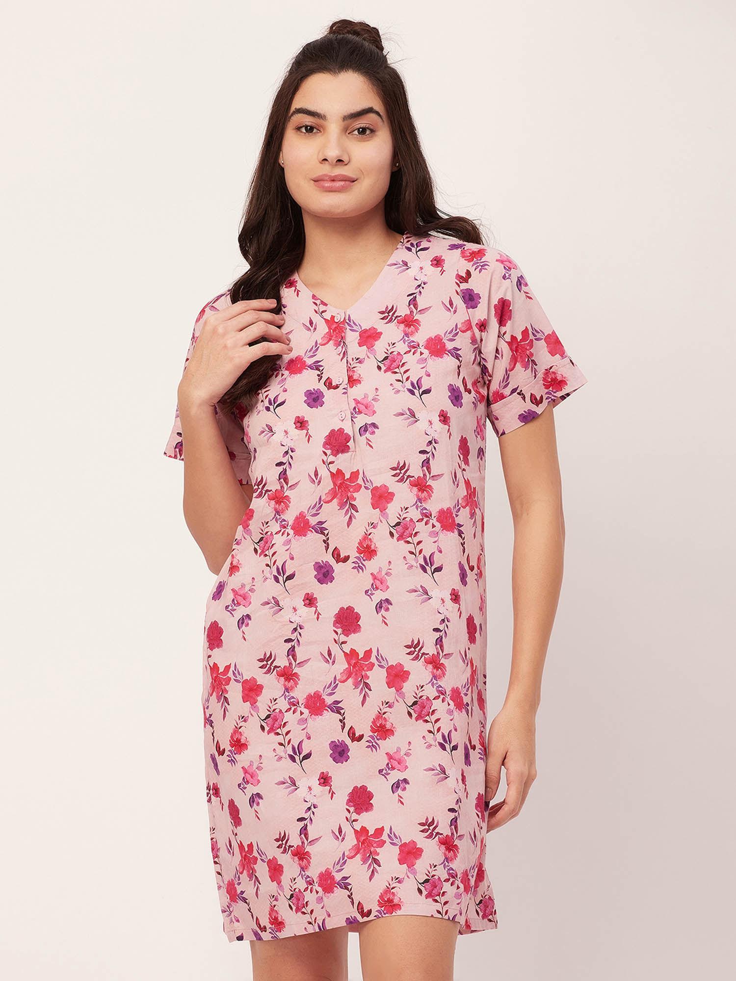 printed cotton night dress for women - pink