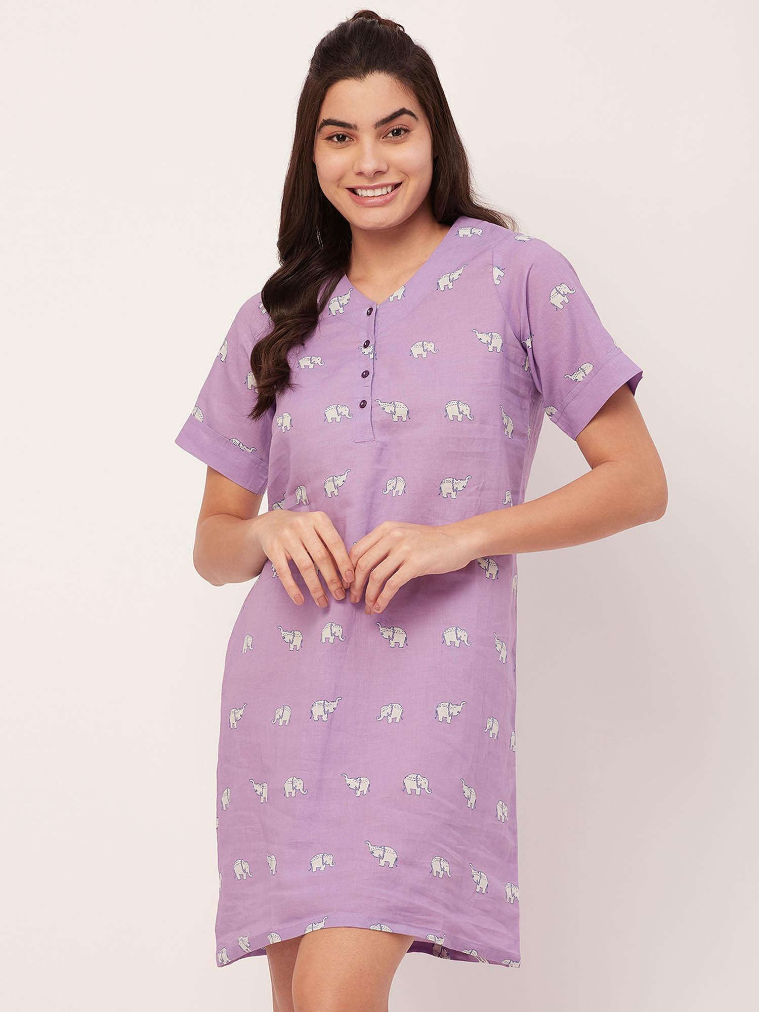 printed cotton night dress for women - purple