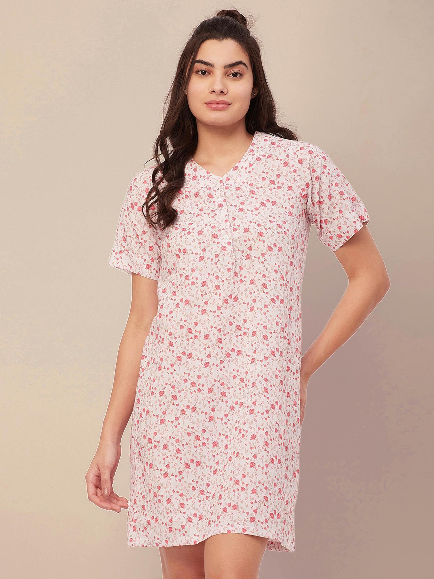 printed cotton night dress for women - white