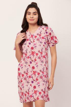 printed cotton night dress for women short sleeve lounge shirt - pink