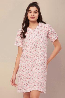 printed cotton night dress for women short sleeve lounge shirt - white