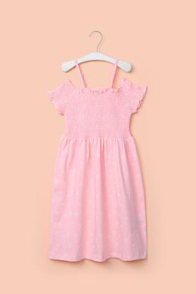 printed cotton off shoulder girl's casual wear dress - peach